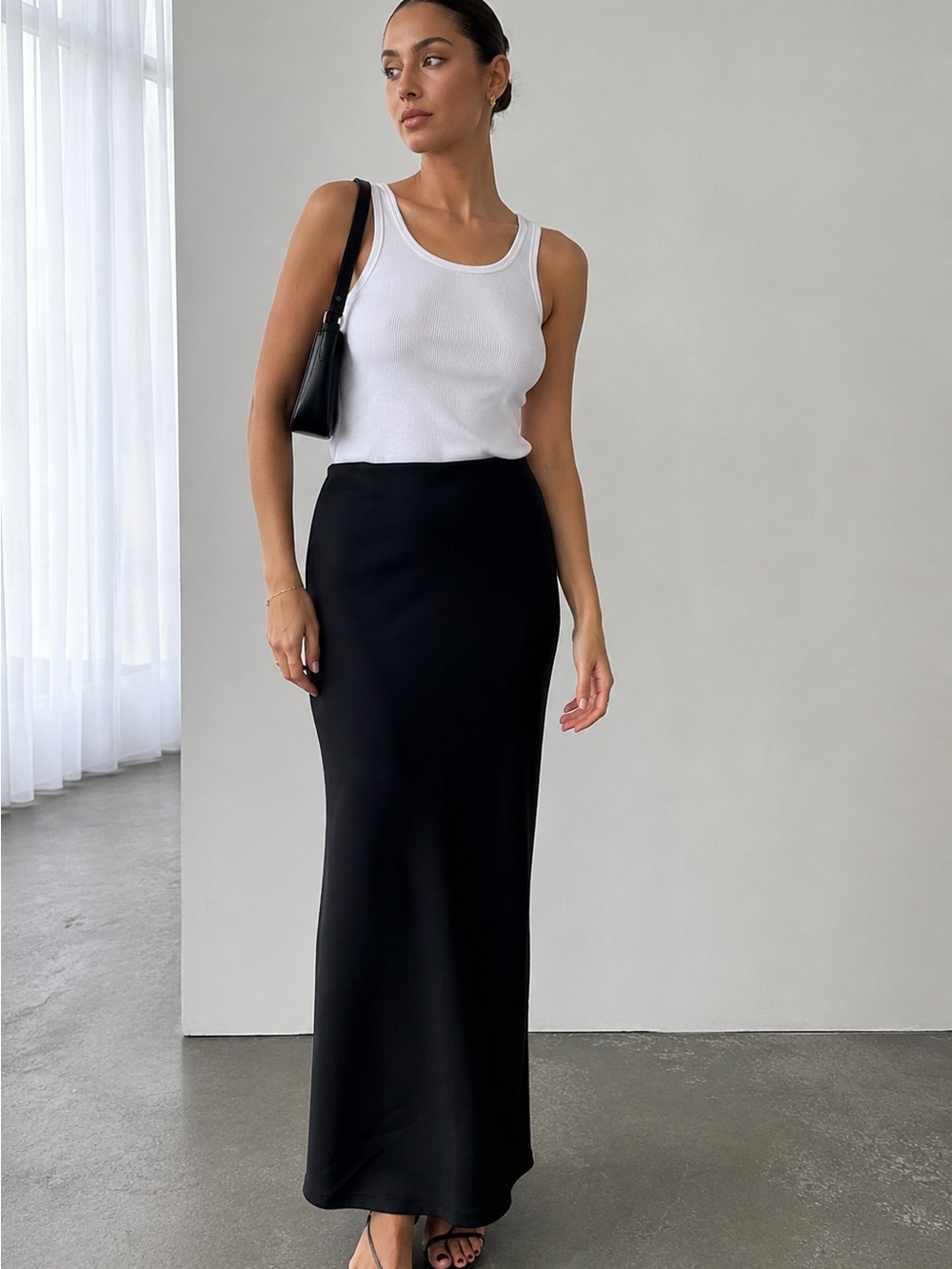 Romy The Brand Black Satin Maxi Pencil Skirt Size Small Minimalist Quiet Luxury